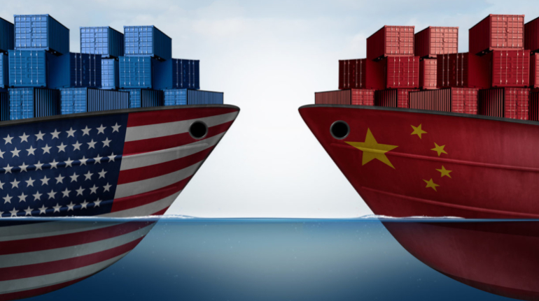 China United States trade and American tariffs as two opposing cargo ships as an economic  taxation dispute over import and exports concept as a 3D illustration.